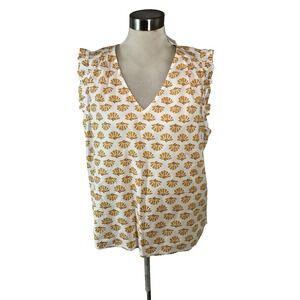NEW J CREW Sleeveless Yellow Batik Boho Ruffle Blouse XL Summer Print NWT‎